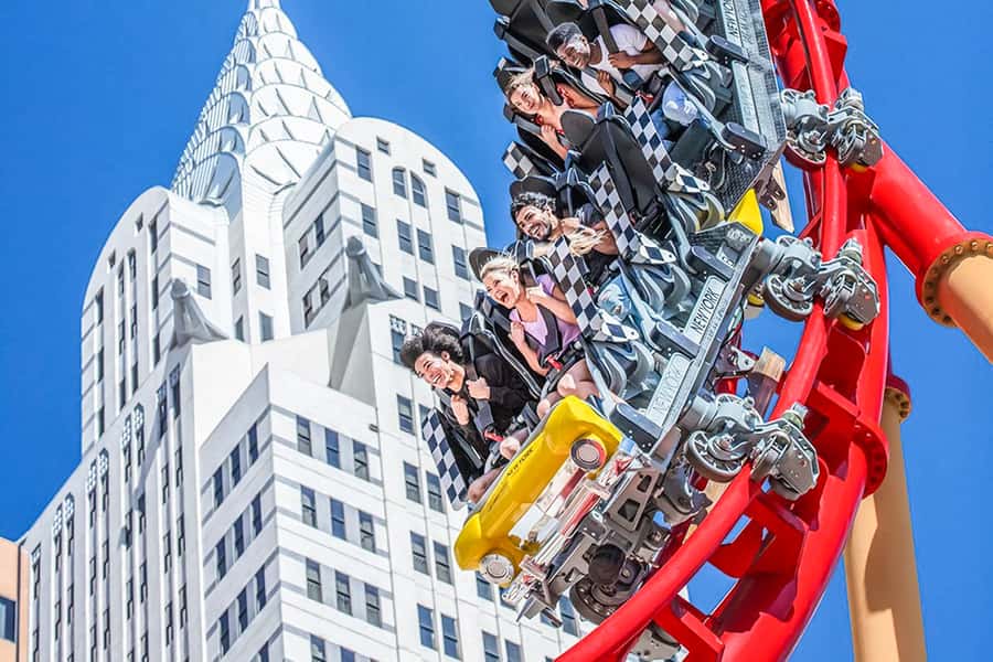 Las Vegas: New York-New York Hotel Big Apple Coaster Ride - The red track, fast turns, and 180-degree twist