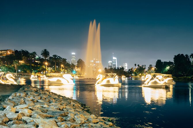 Swan Boat Rental in Echo Park - The fountain, lotus beds, and skyline views
